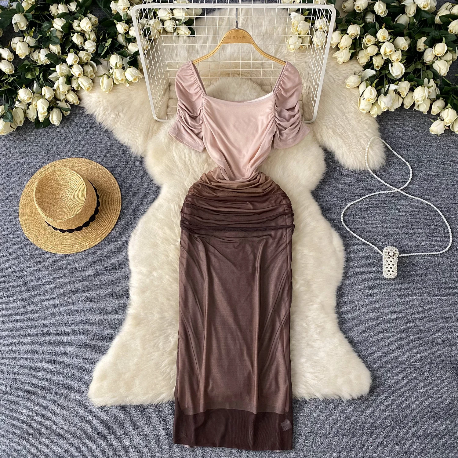 Retro Elegant off shoulder mesh dress pleated korean fashion sweet High Waist Beach Women Summer slim dresses