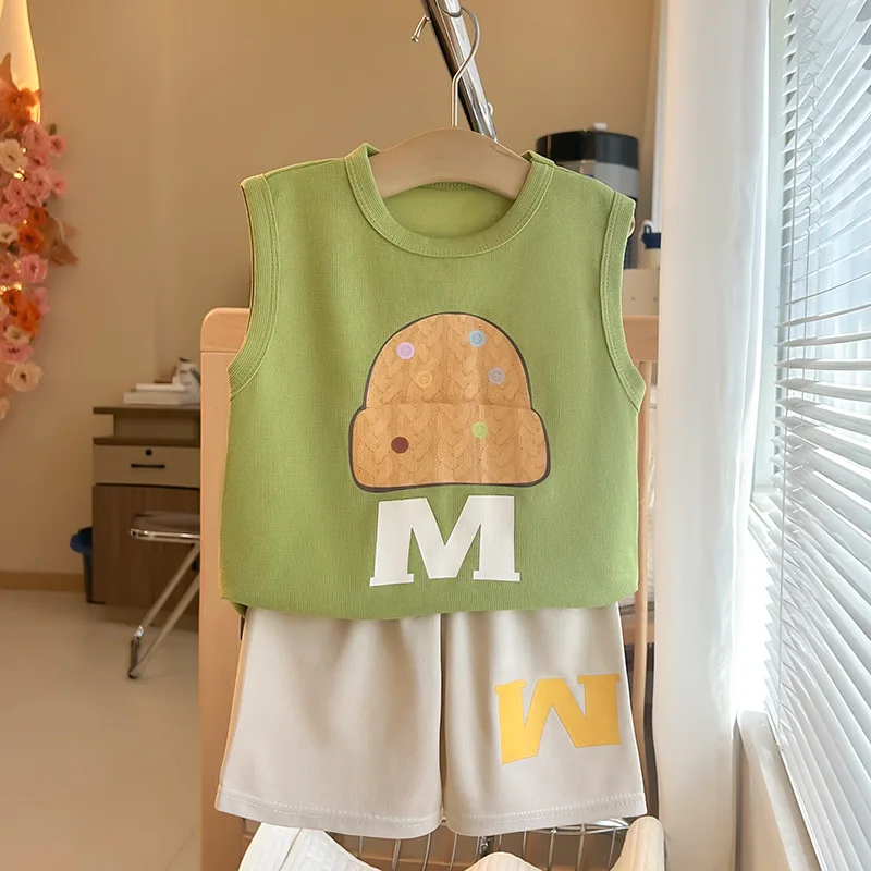 INS Style Baby Boys Vest Set Summer Children's Sleeveless Cartoon Tops + Shorts 2pcs Clothing Sets Kids Clothes Tracksuits