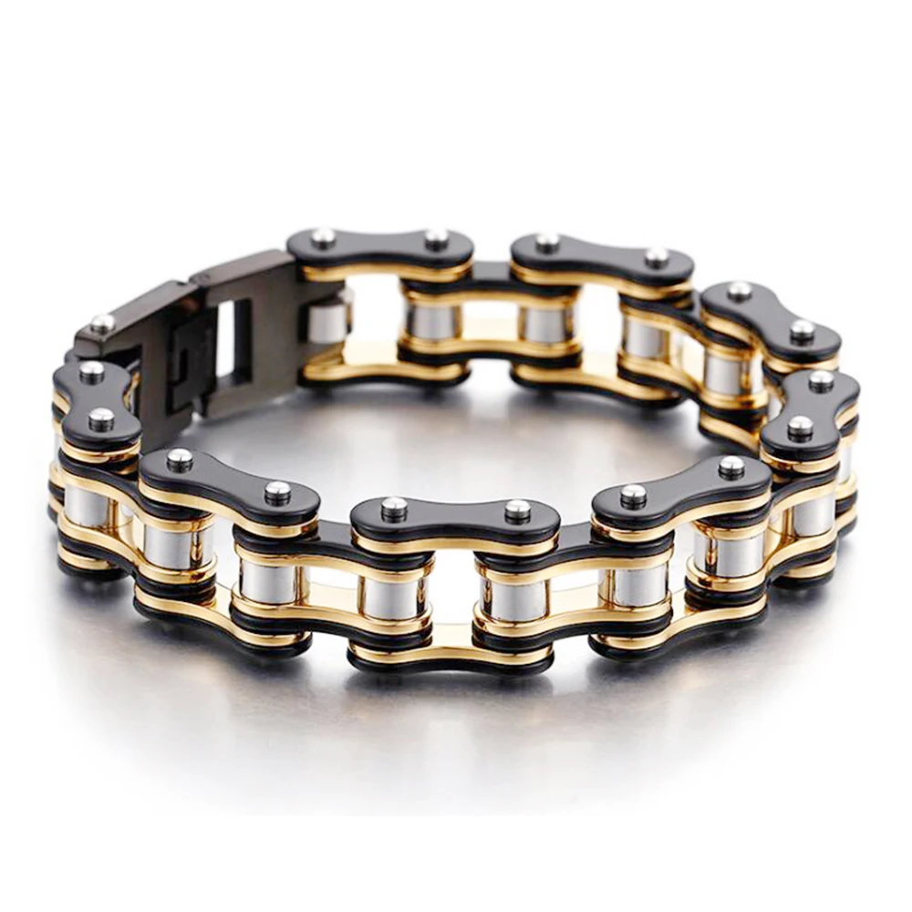 16mm Heavy Punk Black Gold Color Bicycle Biker Motorcycle Bracelet Men Women Hiphop Stainless Steel Bike Chain Bangle Jewelry