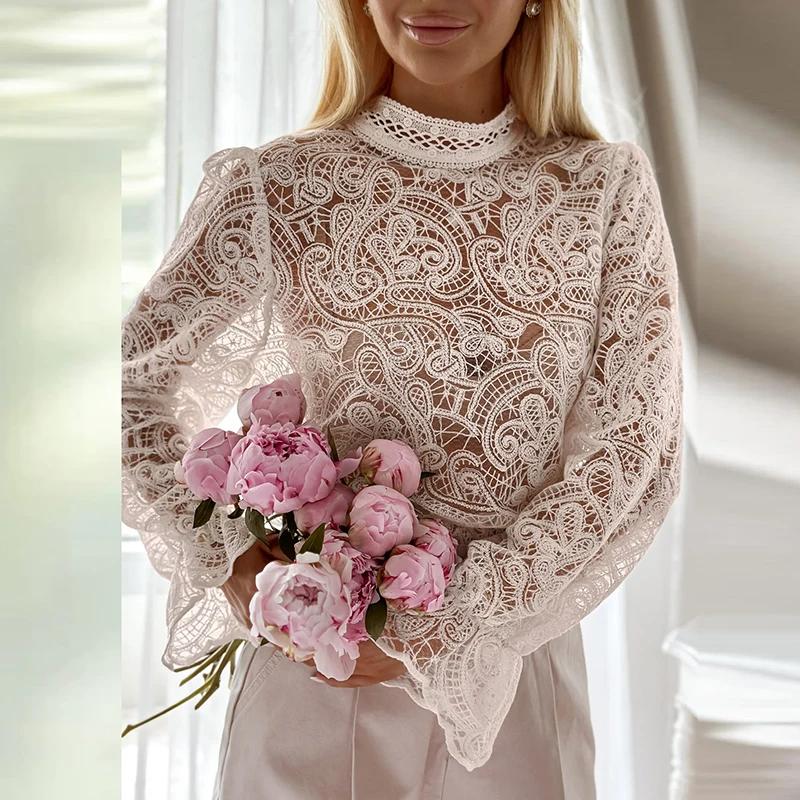 

Spring Summer Hollow Out Loose Holiday T-shirt Casual Temperament Commuting Top Ladies Standing Collar Long Sleeved Lace Shirt