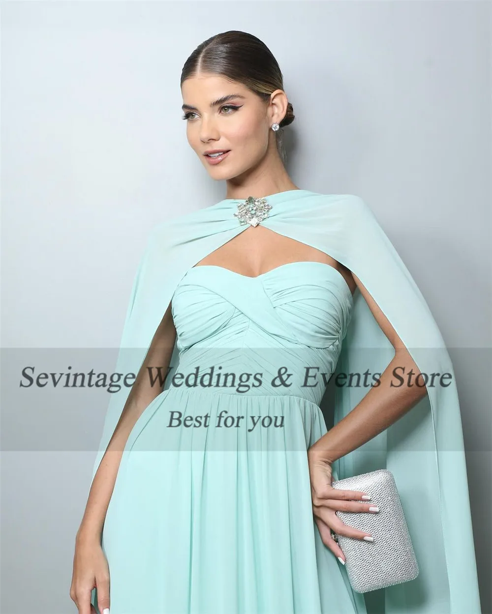 Sevintage Elegante Mintgroene A-Lijn Galajurk Chiffon Strapless Lange Cape Met Ruches En Lange Avondjurk Vestido De Gala