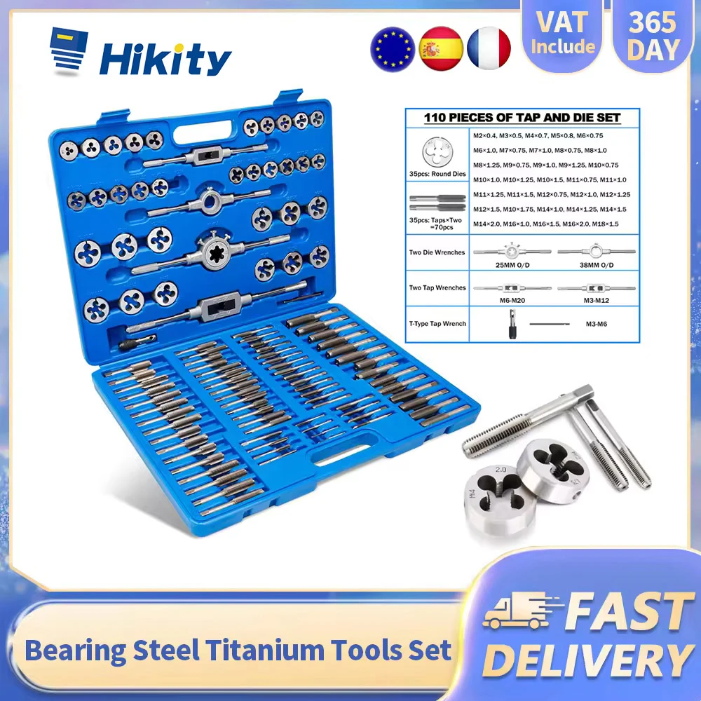 Hikity – Kit d'outils de taraudage et de filetage en acier titane, 110 pièces, métrique et standard, avec supports de tarauds et filières, pour réparation automobile, en coffret