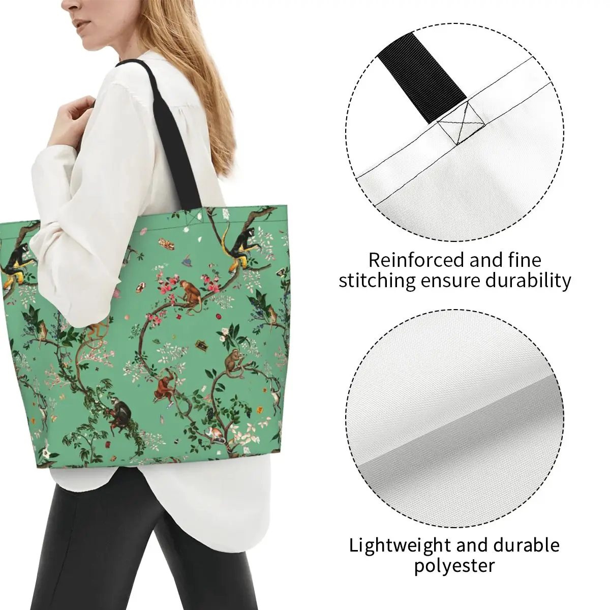 Monkey World Green Shopping Tote Bag Canvas Large Capacity Shoulder Bags Shopper Grocery Handbag for Women