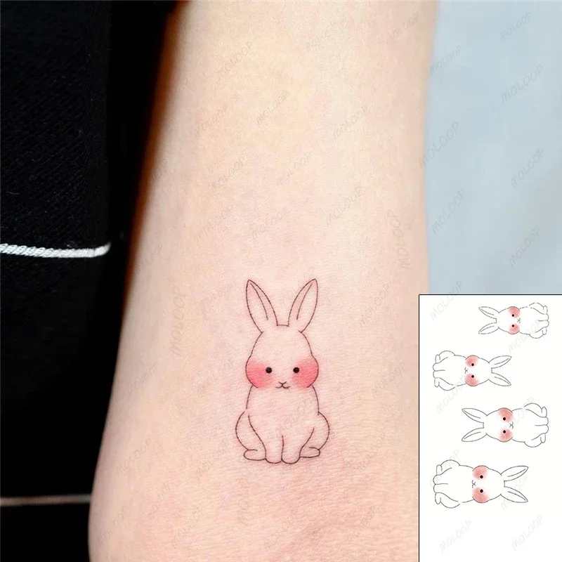 Temporary Tattoo Sticker Cartoon Cute Shy Bunny Animal Chinese Japanese Text Waterproof Art  Fake Tattoos Flash Tatoos Men Women