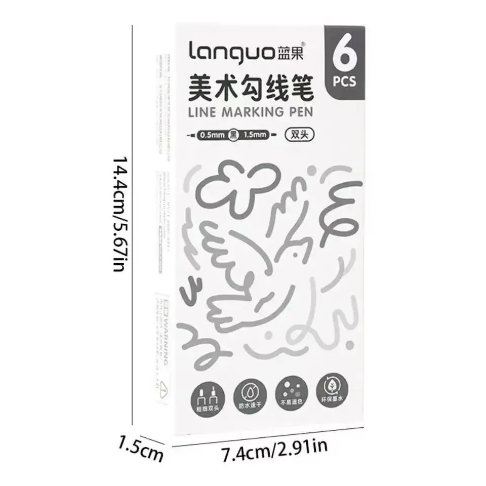 Dual Tip Outline Markers, Art Drawing Pens, Fine & Broad Point, 6 Pack, Waterproof Ink Sketch Marker for Sketching, Hand Paintin