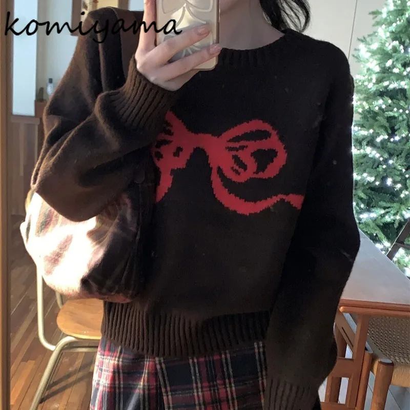 Christmas Bow Jacquard Ropa Mujer Long Sleeve Roupas Feminina Wamr Woman 2024 Tops Autumn Winter Sweater Holiday Sueteres