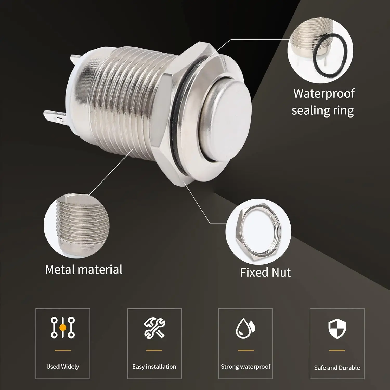 15pcs High Head Waterproof Push Button Momentary Stainless Steel Push Button On Off 12mm 2A 12V/24V/125V/250V