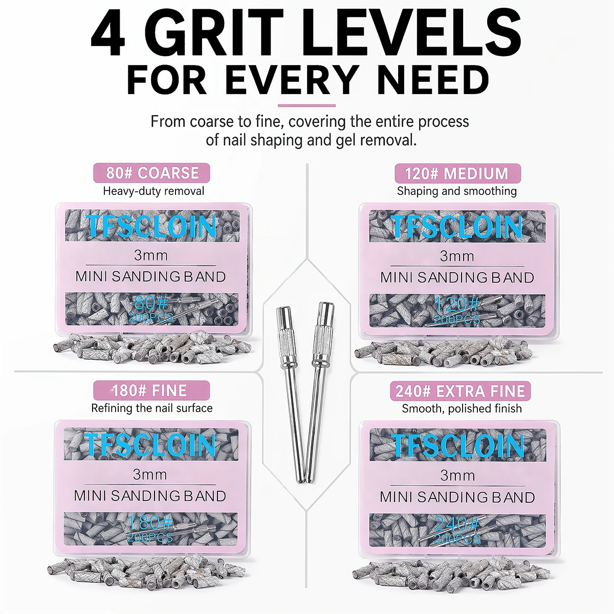 TFSCLOIN 3mm 200Pcs Mini Nail Sanding Bands Set with 2 Mandrels, 80/120/180/240 Grit Nail Drill Bits for Manicure Gel Remover view 5