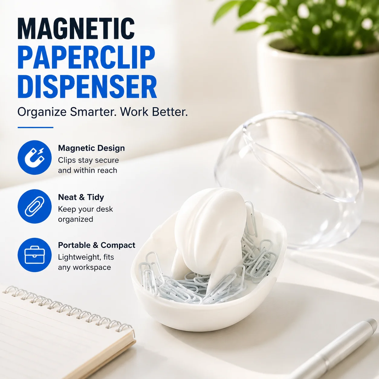 Magnetic Paperclip Dispenser, Plastic & Nickel Plated Clip Organizer, Portable Rolling Wheel Storage Box, Compact Office Supply