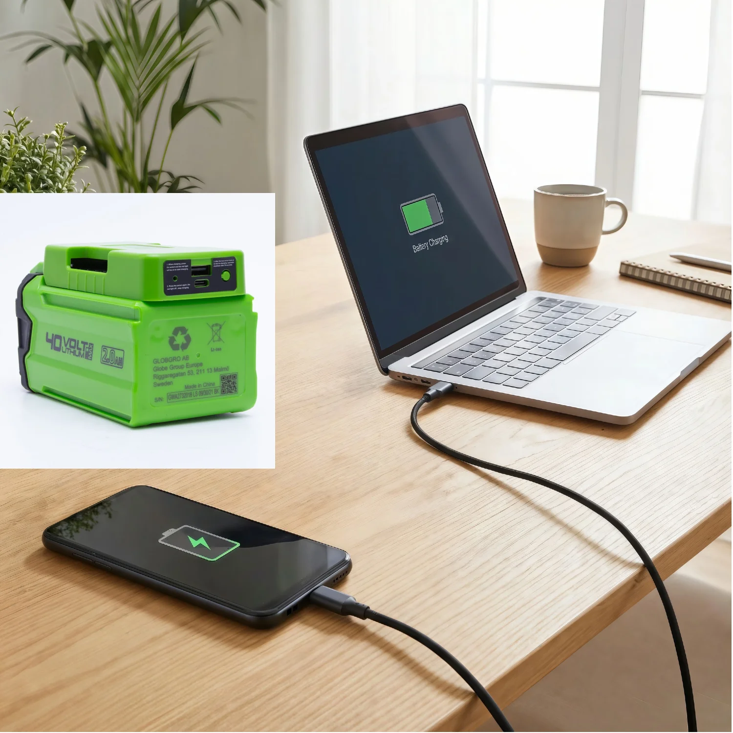 

Portable Mobile Power Bank for Greenworks 24V Lithium Battery W/USB Type-C Output Holder Fast Charging(NO Battery)