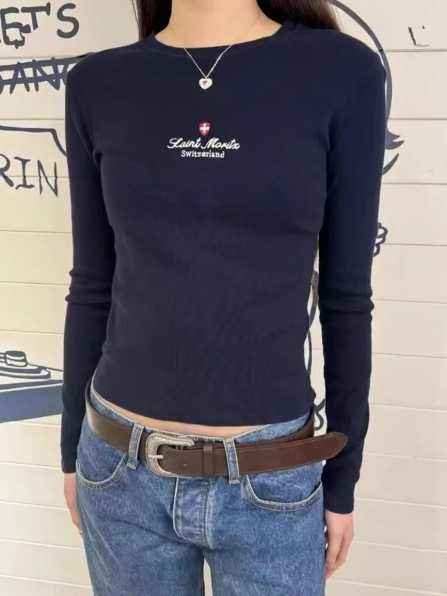 Vintage Navy Flag Embroidery Long Sleeve Tees Women Autumn New Slim Round Neck T-shirts Casual Streetwear Cotton Crop Top Y2k