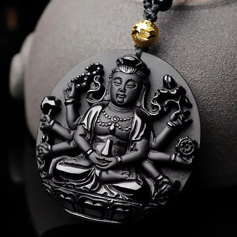 

Natural Obsidian Hand Carved Avalokitesvara Pendant Fashion Boutique Jewelry Men's and Women's Necklaces Gift Accessories