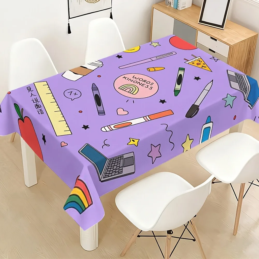 1pc Tablecloth, High-End Versatile Spring Style Stationery Graffiti Style, Notebook, Pencil, Ruler, Pizza, Heart, Star, Happy Fa