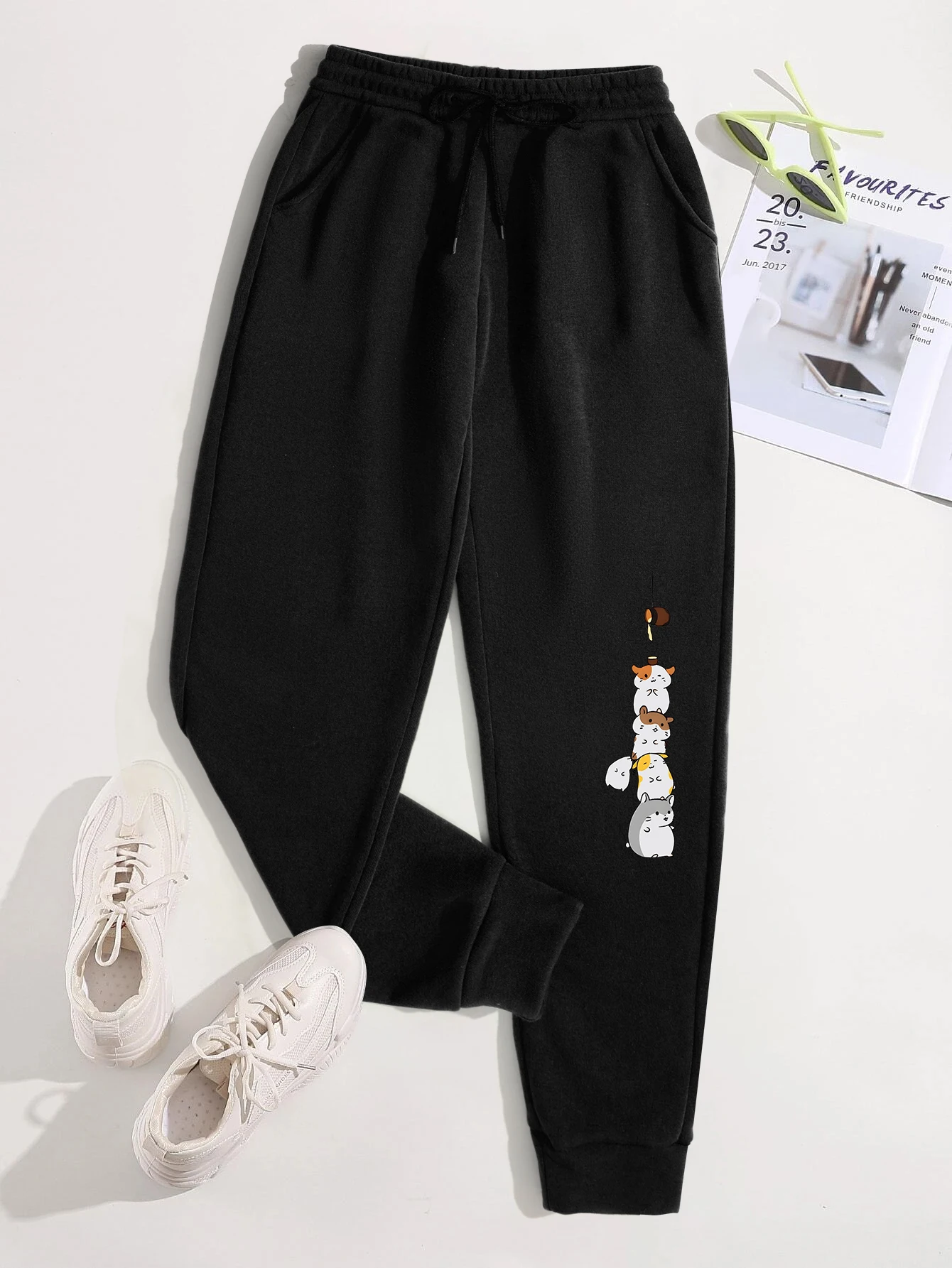 Stacked Cute Hamsters Print Pants Woman Fashion Fleece Sweatpants Autumn Multicolor Long Pant Drawstring Pocket Joggers Trousers