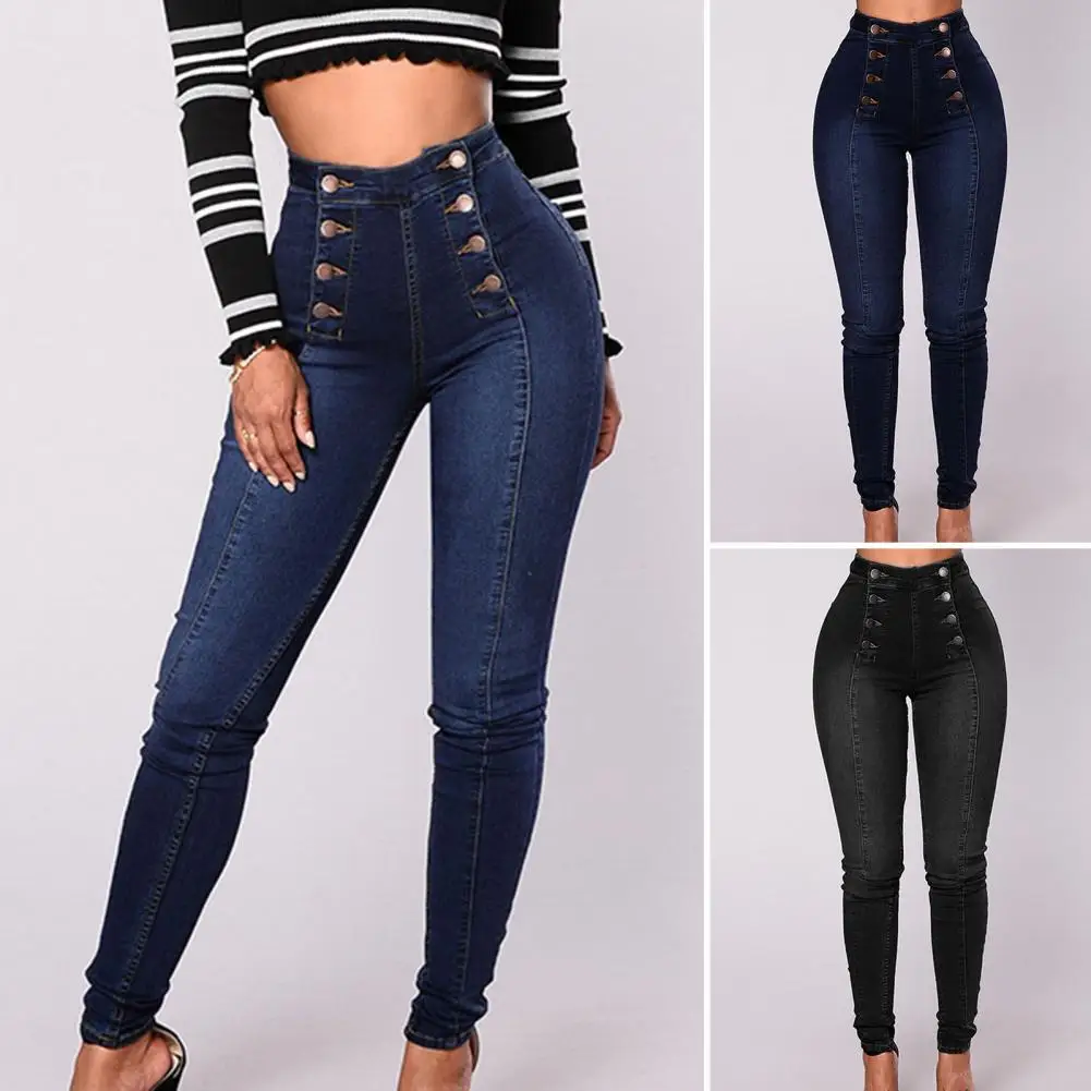 Vintage Skinny Jeans Double-breasted High Waist Pencil Jeans Women Stretch Denim Pants Fashion Tight Trousers