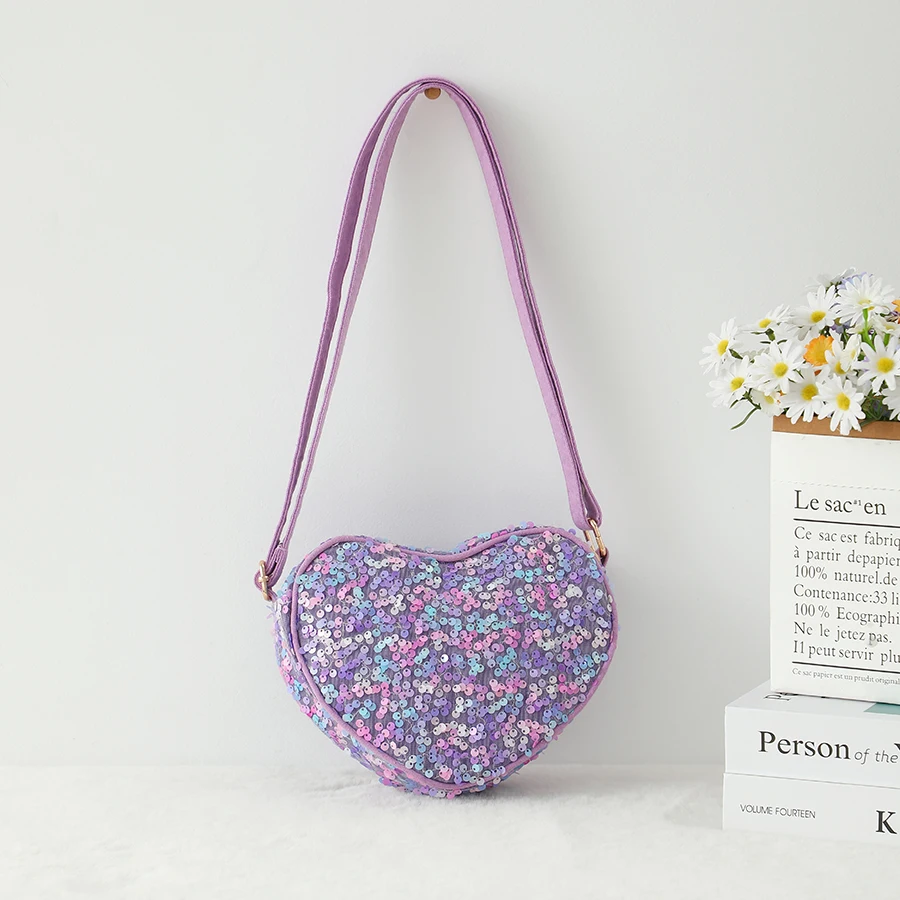 حقيبة كروس لامعة على شكل قلب للفتيات بسحاب أرجواني ترتر حقائب بحمالات للنساء للسفر في الهواء الطلق محفظة صغيرة