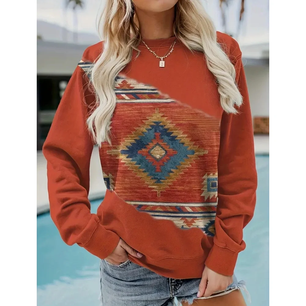 Bohemian Women\'s Autumn And Winter Round Neck Long Sleeved Fashions Retro Color Blocked Printed Sweatshirt 2024 New Casual Top