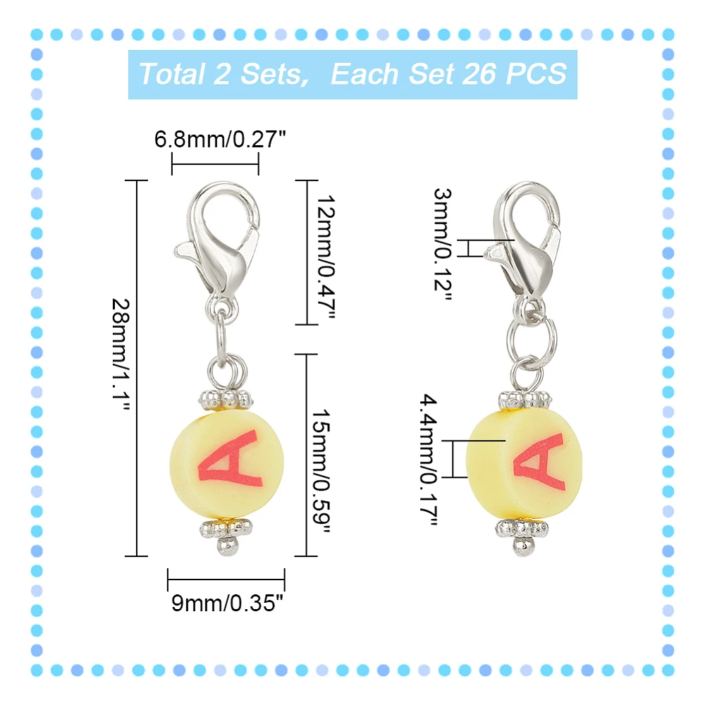 52pcs Polymer Clay Charms A~Z Letter Dangle Flat Round Pendant Zipper Pull Charms Stitch Markers Crochet Charms