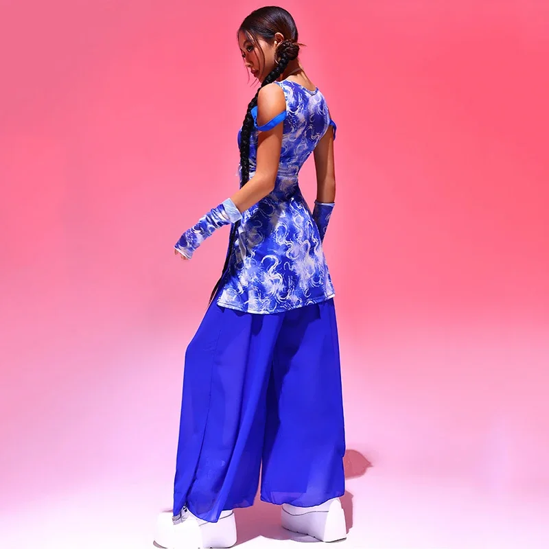 Y2K Kpop 의류 섹시한 고고 댄스 공연 의상 블루 슈트 나이트 클럽 Dj 가수 무대 착용 여성 재즈 댄스 의상