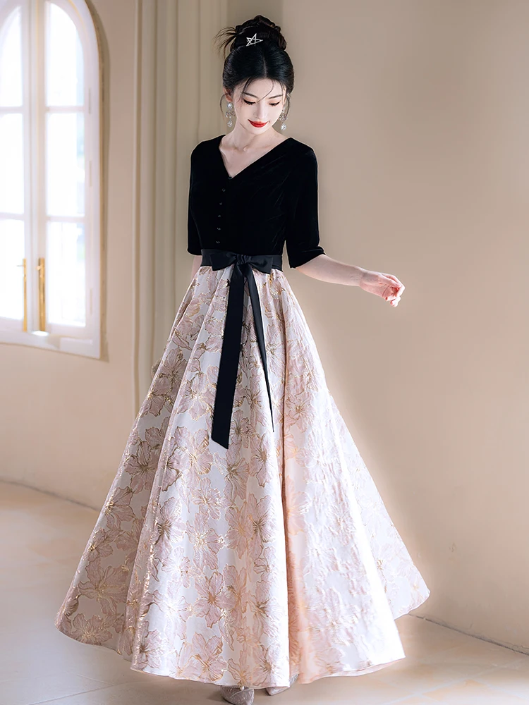 

Элегантное вечернее платье с V-образным вырезом, роскошное матовое платье для ежегодного собрания, наряд для выступления, корейское длинное платье-гала.