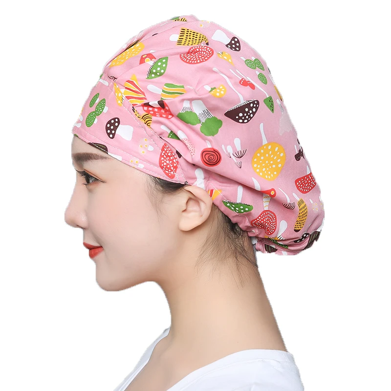 Printed Sweatband Scrubs Caps Women Bandage Buttons Working Hats Elastic Adjustable Washable Cotton Nursing Workwear Hats