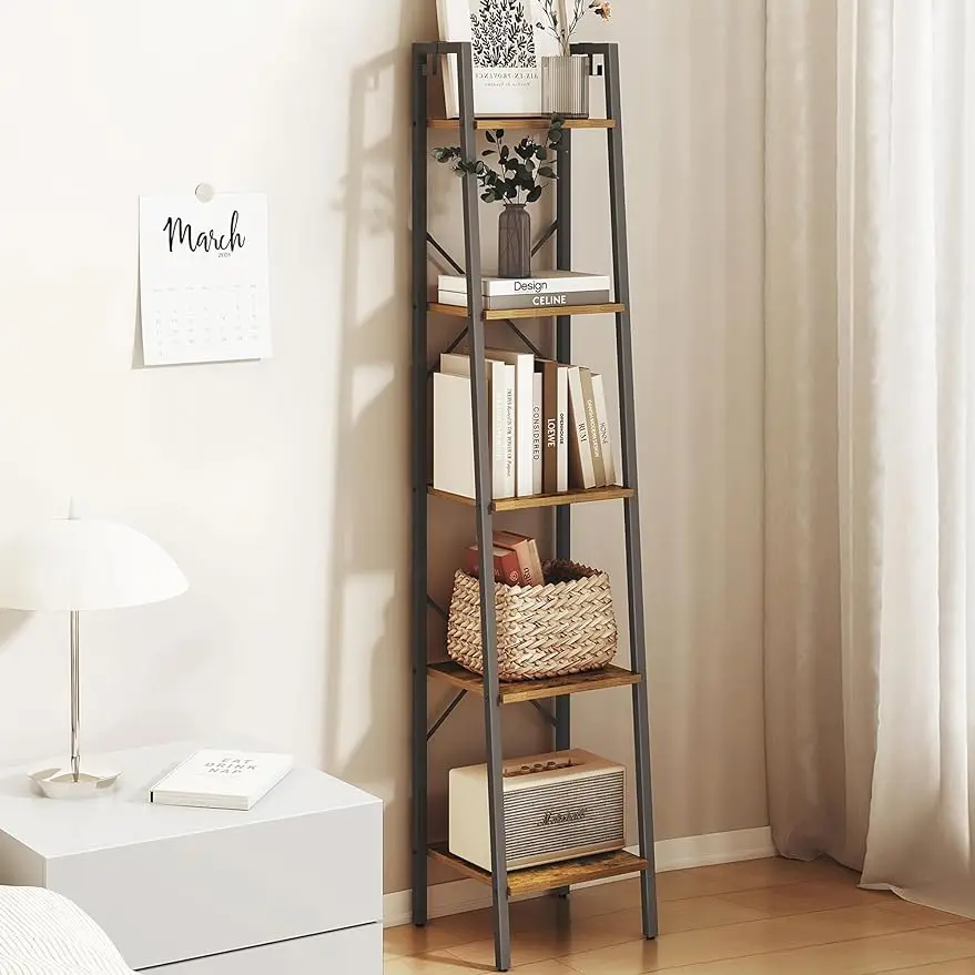 

5-Tier Ladder Shelf, Narrow Bookshelf, Freestanding Bookcase, Corner Storage Shelves with 2 Hooks for Home Office