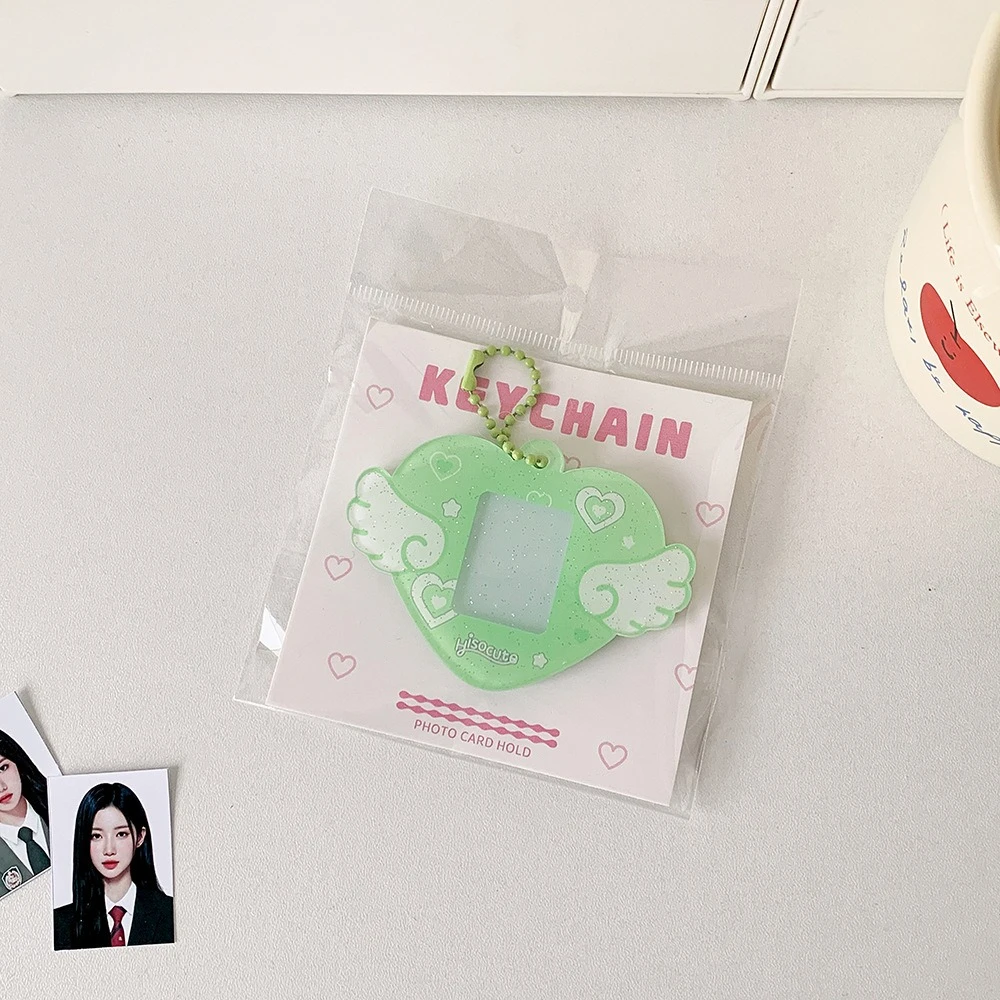 With Keychain Mini Photocard Holder Acrylic Card Cover Love Heart Wing Pendant Idol Card Display Protector Hanging Decoration