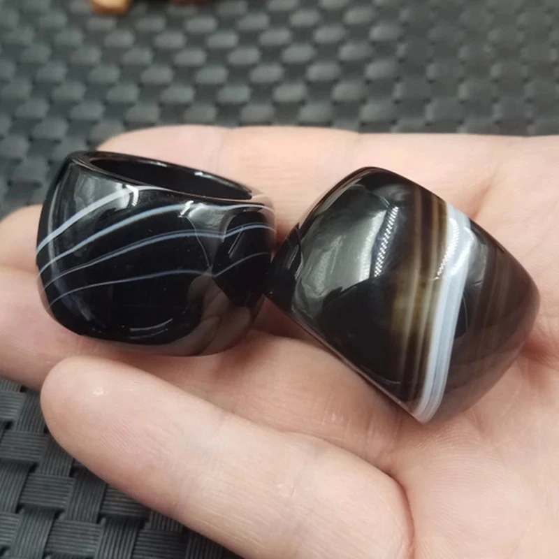 Natural Black Whit Agate For Men Women Texture Handmade Brand Jadeite Jade Rings Jewelry