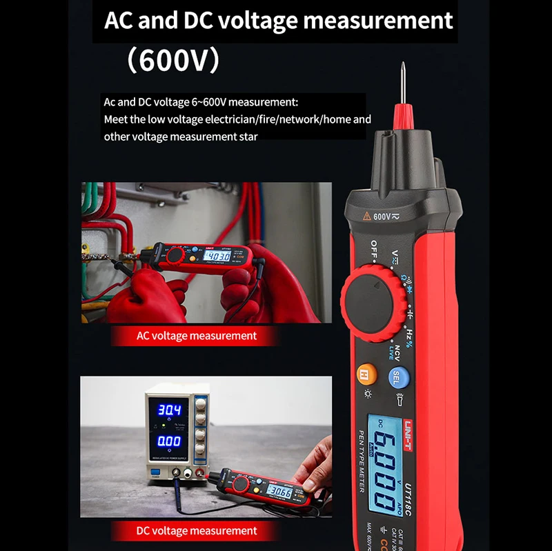 UNI-T Pen-Type Digital Automatic Multimeter UT118C 600V DC AC Voltmeter True RMS Frequency Meter NCV Capacitance Resistance Test