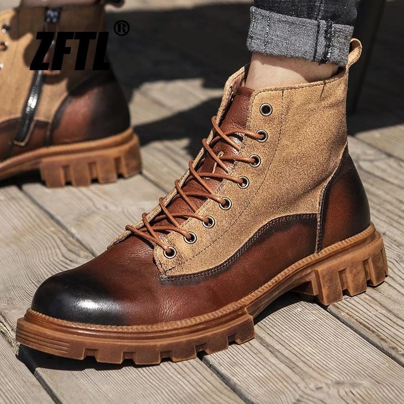 ZFTL Men\'s Casual Basic Boots Tooling Boots Man Ankle Boots Outdoor Genuine leather fabric with non-slip sole Vintage Brown 2023