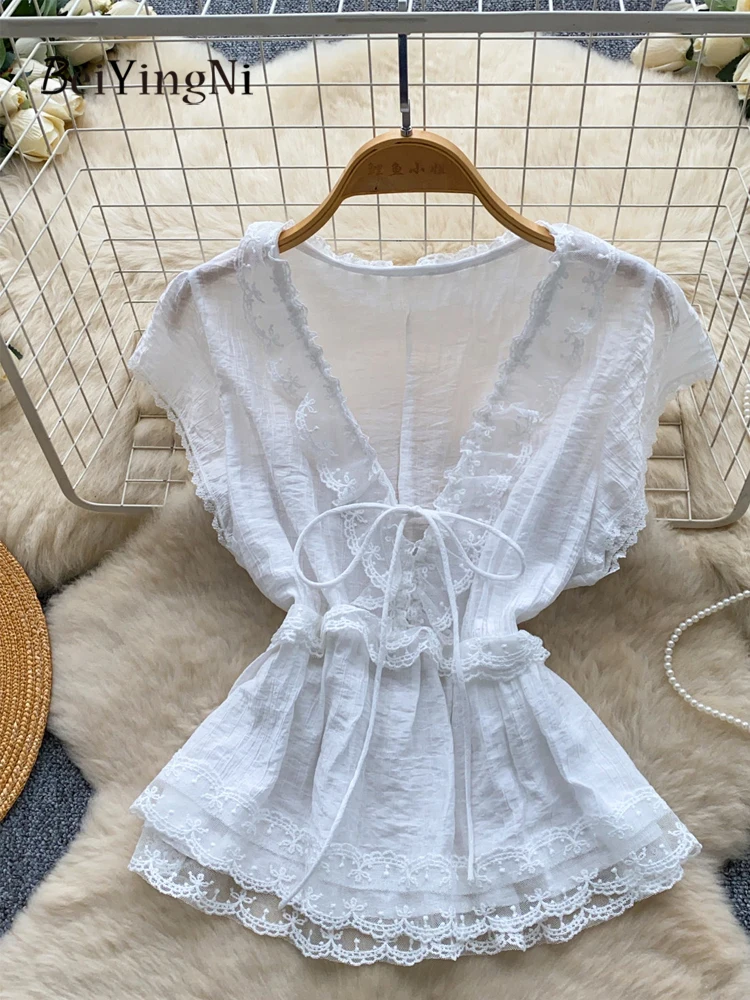Beiyingni French Romance Blusas Women Lace-up V-neck White Tops for Woman Lace Spliced Casual Office Ladies Commuting Shirts