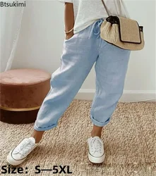 2026 Women's Cotton Linen Pants Summer Loose Trousers Female Vintage Ankle-Length Wide Leg Trousers Fashion Office Ladies Bottom