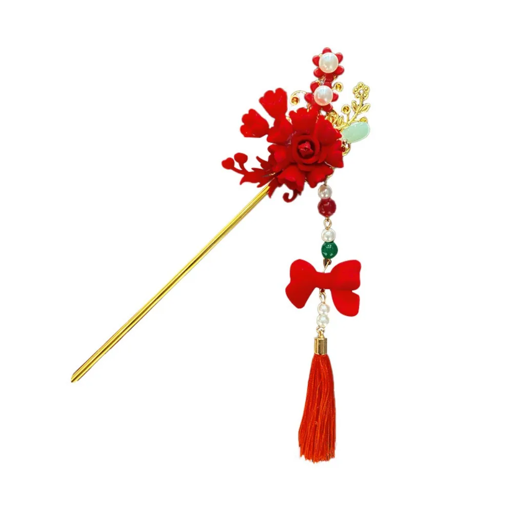 Beauty Vintage Pendant Hair Stick Classic Red Flower Chinese Headwear Ancient Style Hair Sticks for Buns Hanfu Hairpin Girls