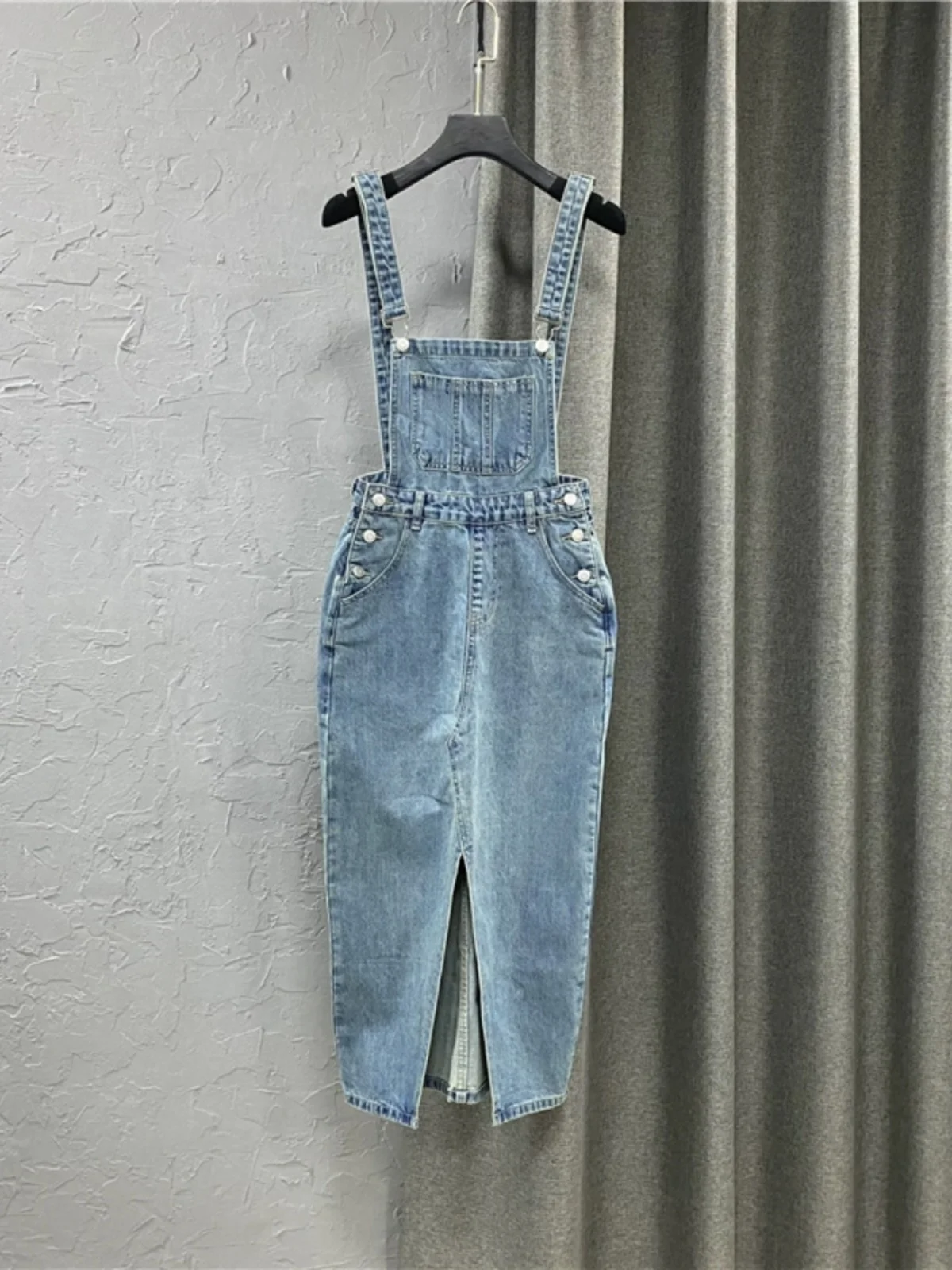 Korean Style Women's Spring Fashion High Waist Denim Skirt with Shoulder Straps Long Front Split Slimming Versatile One Step ...