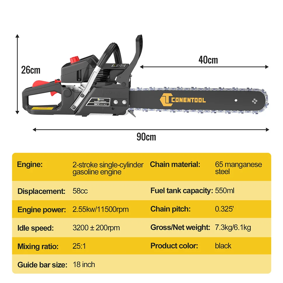 CONENTOOL 58CC Oil Chainsaw 18 Inch Woods Cutting Machine Power Tools Cordless 2-Stroke Petrol Engine 550ml Garden Logging Tools