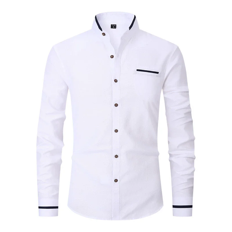 

New Fashion Patchwork Long Sleeeve Casual Shirts Men Stand Collar Slim Fit Blouses High Quality Spirng Autumn Male Dress Shirt