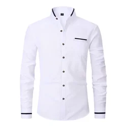 New Fashion Patchwork Long Sleeeve Casual Shirts Men Stand Collar Slim Fit Blouses High Quality Spirng Autumn Male Dress Shirt