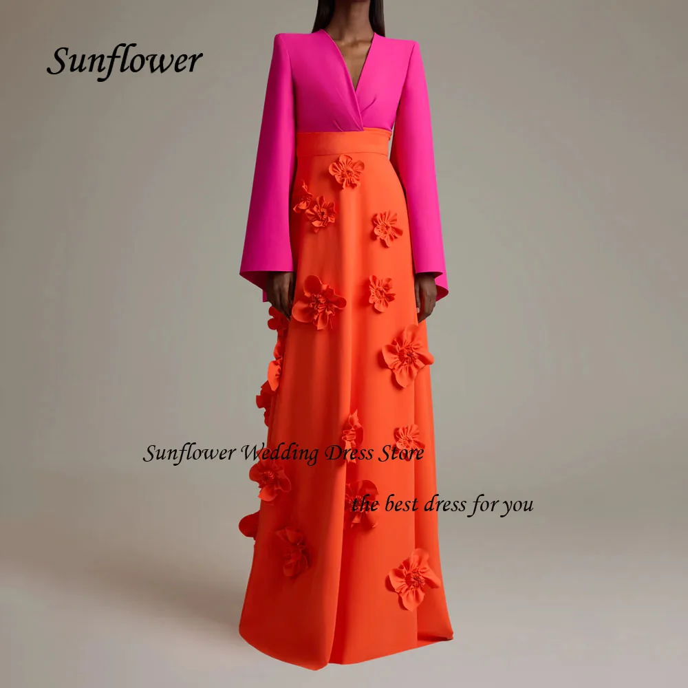 Sunflower Orange 3D Flowers Crepe A-LINE Formal Evening Dress V-Neck Long sleeves Floor-Length فساتين السهرة