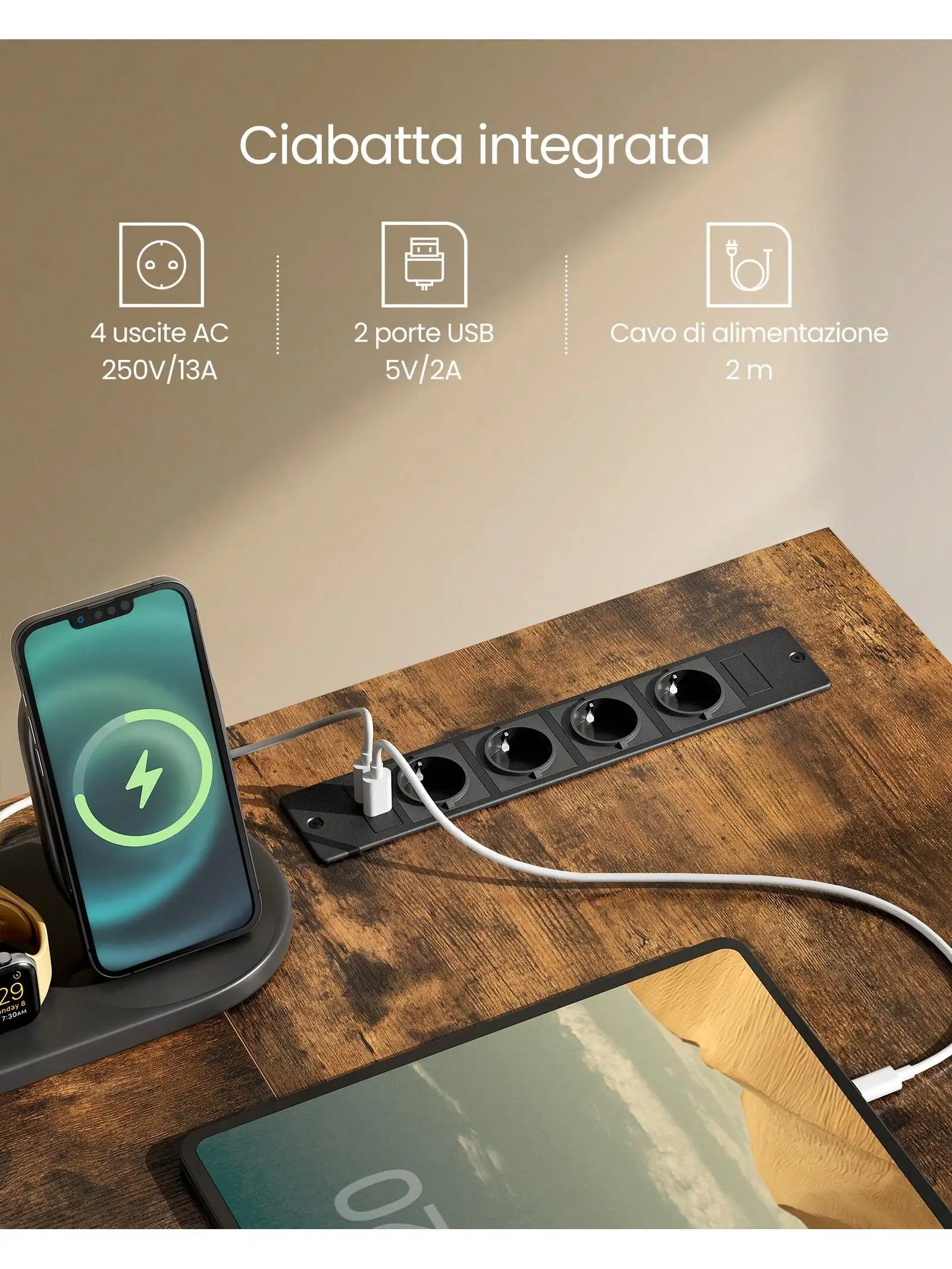 Scrivania da gioco a forma di L VASAGLE: prese di corrente, supporto per Monitor, luci a LED. 2 cassetti, facile montaggio. Ufficio a casa. Marrone