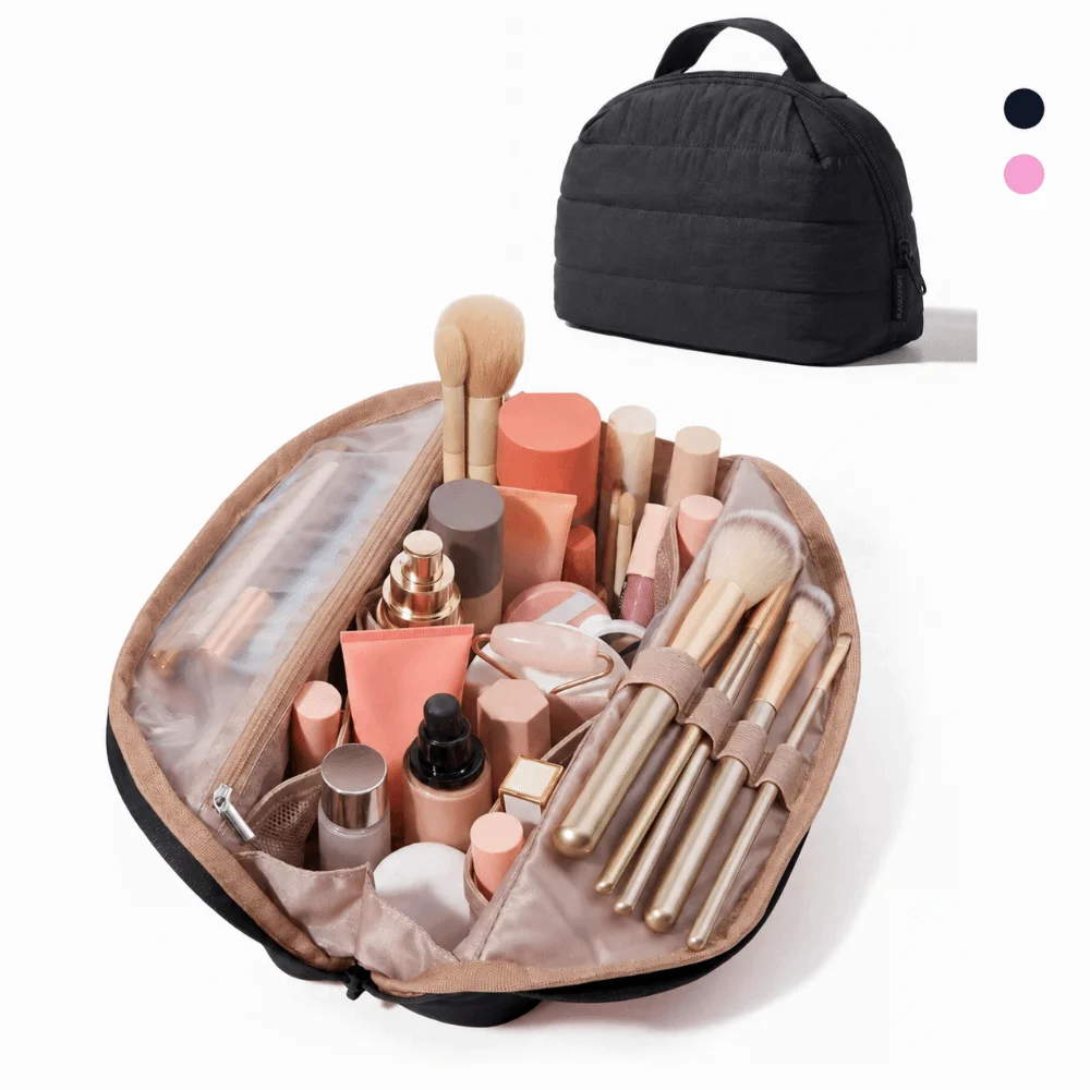 Foldable Travel Makeup Bag Adjustable Dividers Multi-Compartment Toiletry Pouch Brush Holder Mesh Pocket Makeup Organizer