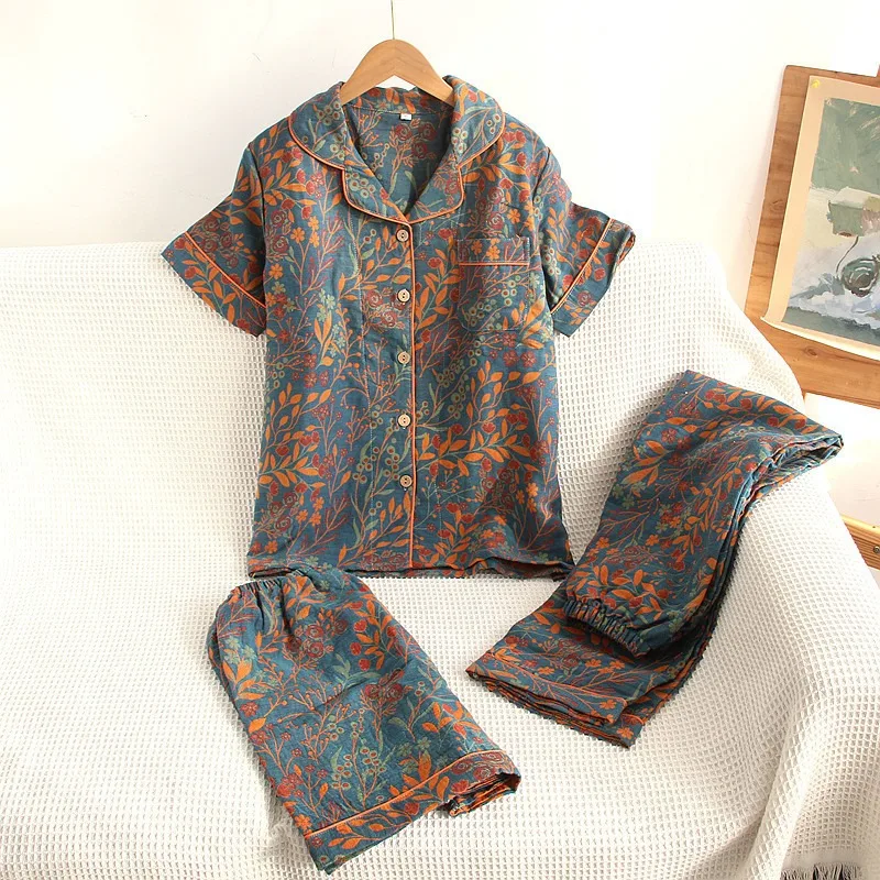 

Women's Spring Summer Lightweight Three Piece Pajama Set Short Sleeved Lapel Colorful Woven Jacquard Design Cotton Print Shorts