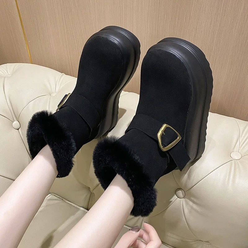 8cm novas mulheres botas de neve de pelúcia quente antiderrapante botas de inverno camurça couro grosso tênis de pele grossa botas de tornozelo de plataforma alta