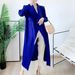 Autumn New Fashion Pleated Windbreaker Solid Color Polo Collar Women's Coat Mid length long coat women