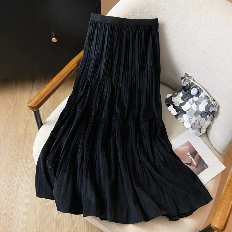 กระโปรงพลีทกำมะหยี่สำหรับฤดูใบไม้ร่วงและฤดูหนาว กระโปรงยาวปานกลางสำหรับผู้หญิง ใส่ทำงาน ใส่ไปงานปาร์ตี้ สไตล์ลำลอง เอวยางยืดสูง สีพื้น