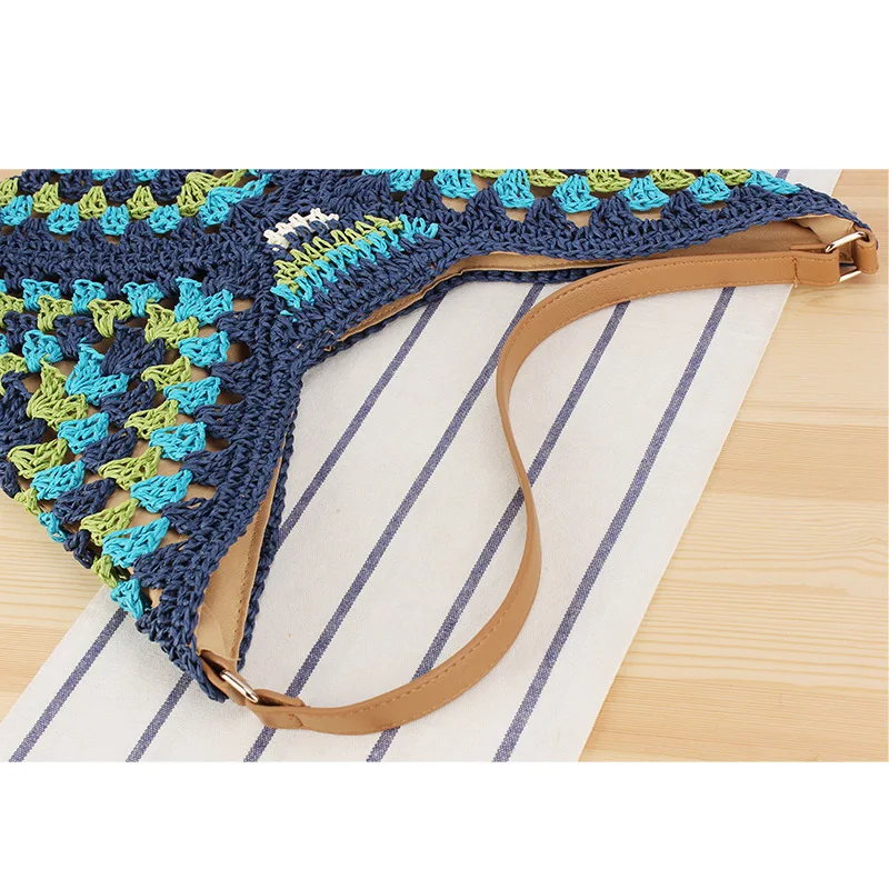 Borsa di paglia estiva per donna borsa a tracolla per pendolari in Rattan intrecciato di grande capacità borsa da spiaggia bohémien all\'uncinetto in