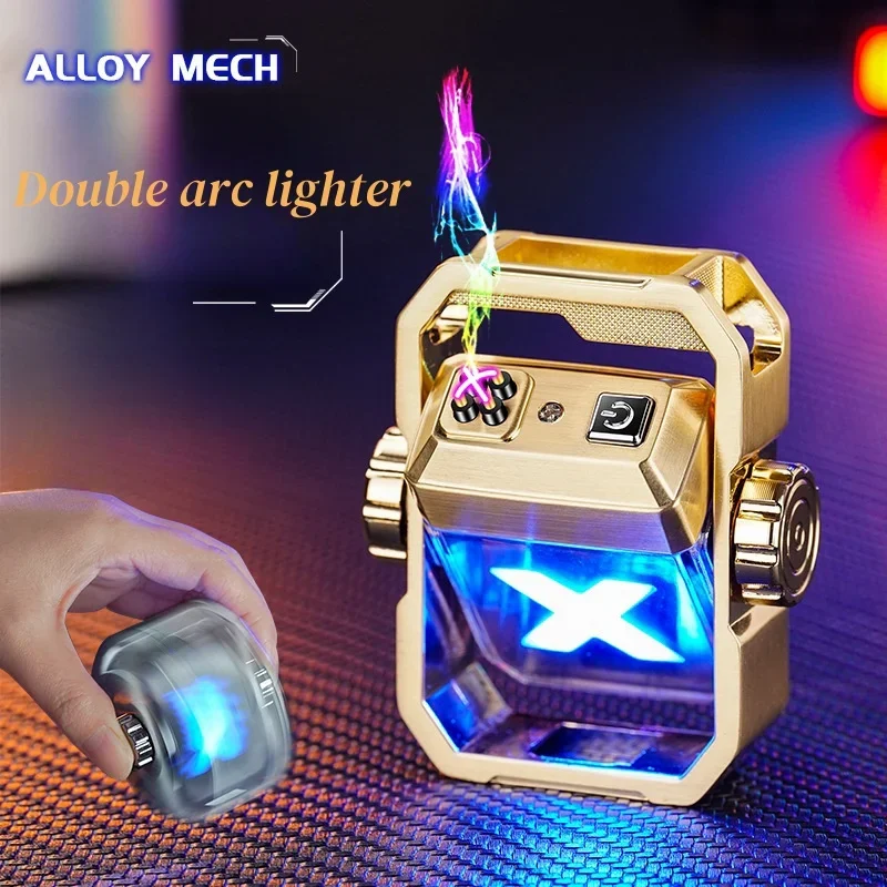 Metal Mechanical Wind Gyroscope Decompression Dual Arc Lighter USB Plasma Electronic Pulse Flameless Lighter for Men's Gift