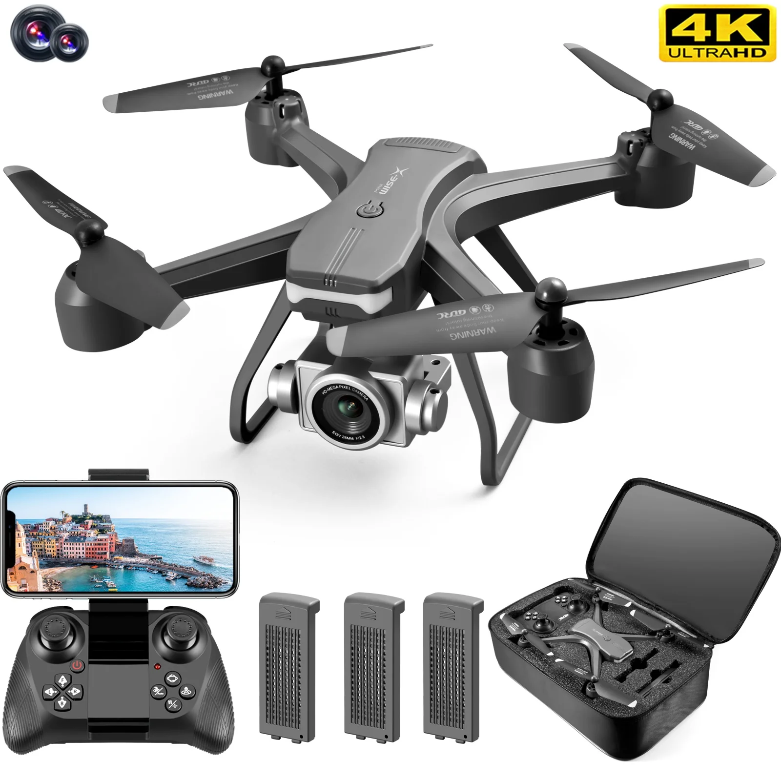 Drone Professionnel avec Double Caméra, Jouet Hélicoptère avec Maintien d'Altitude, Fonction Wifi, Mode FPV, Grand Angle HD 1080P, 4K, V14