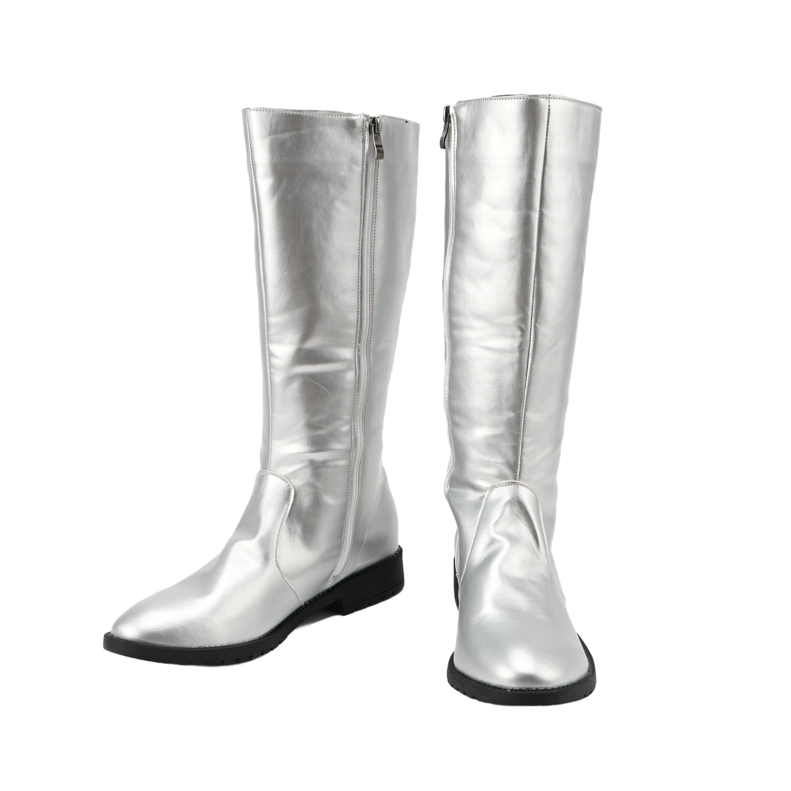 

Medieval Men Cosplay Shoes Knee High White Black Brown Silvery Faux Leather Boots Low Chunky Heel Square Toe Side Zipper Boots