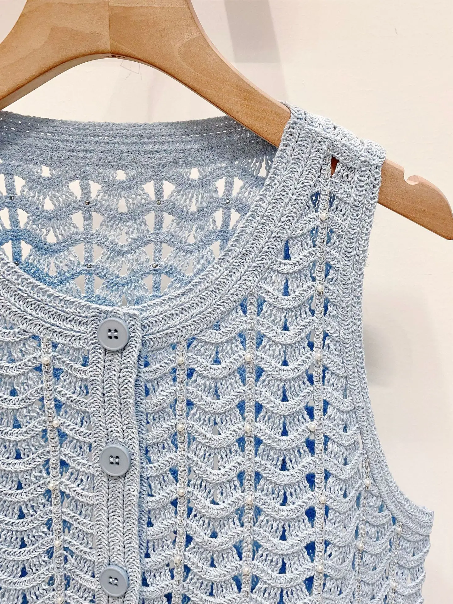 

Spring/Summer Women Hollow O-Neck Rhinestone Solid Knit Set Sleeveless Single Breasted Vest + High Waist Loose Fashion Shorts