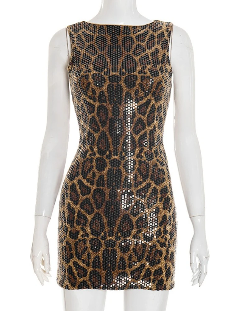 FDYOUI femme vêtements Sexy imprimé léopard paillettes débardeur dames col rond sans manches moulante brillant courte fête boîte de nuit robes